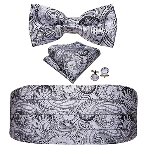 Image of YOHOWA Men Cummerbund Bow Tie Set Silk Paisley Formal Pre-Tied Bowtie Pocket Square Cufflinks Wedding Party Prom