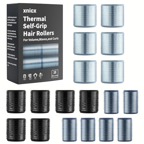 xnicx New Packaging-18 Pcs Thermal Ceramic Hair Rollers,Self Grip Jumbo Heatless Rollers Curlers for Women,Heatless Curlers for Blowout Volume,for Long Short Hair (Blue Black Gray)