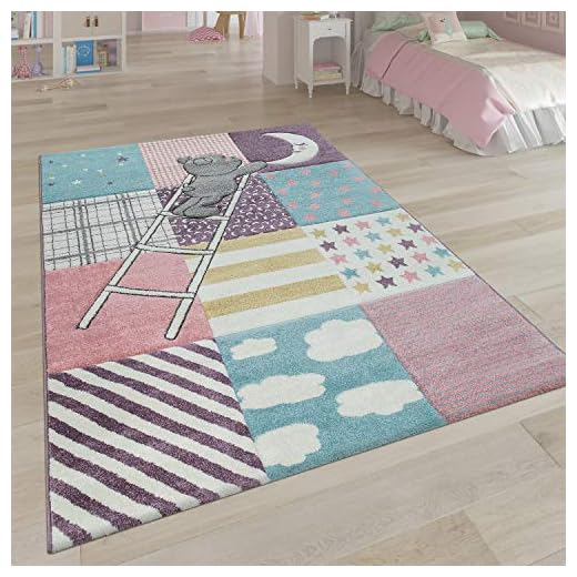 Alfombra Infantil Habitación Infantil 3D Adorable Patchwork Oso Luna Estrellas Escalera Rosa, tamaño:140x200 cm