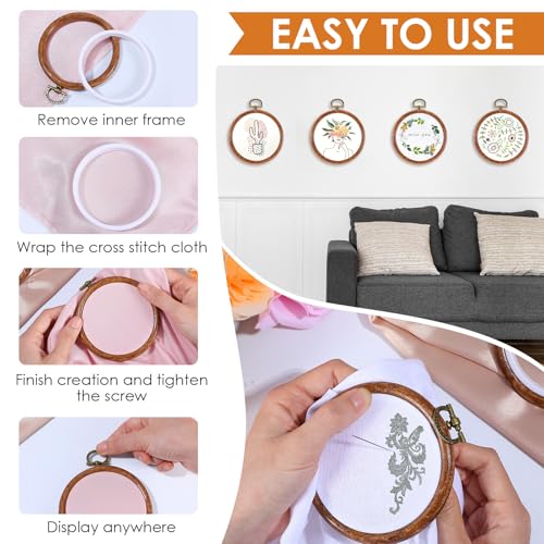 Image of 10 Pcs Round Embroidery Hoops Frame, Adjustable Circle Embroidery Hoop Ring, Circle Rubber Hoops Ring Display Ornament Imitated Wood Frame Kits for Craft Sewing DIY Hanging Gifts