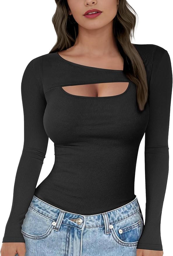 Buauty Womens Ribbed Long Sleeve Shirts Cutout Slim Fit Tee Trendy Sexy Top Fall Fashion 2025 Going Out Tshirts Y2K Clothes - Image 2