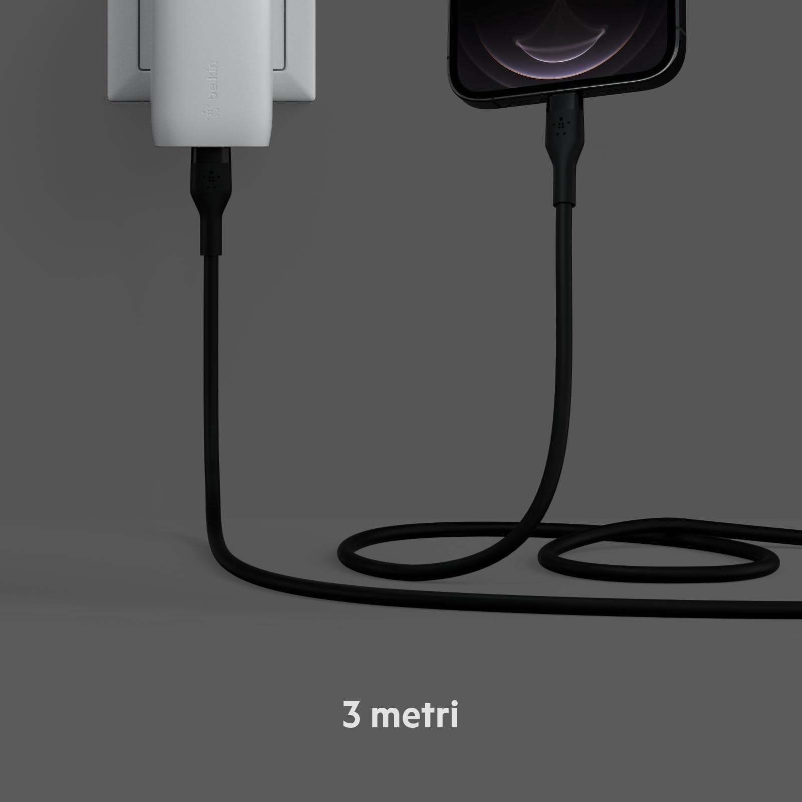Belkin BoostCharge Flex Cavo da USB Type C a Lightning in silicone (3 m), certificazione MFi, ricarica rapida USB-C PD da 20 W, per iPhone 14/14 Plus, 13, 12, Pro, Max, mini, SE, iPad e altri - Nero