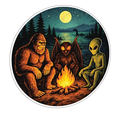 Cryptid Campfire Bigfoot Mothman Alien Vinyl Sticker Decal – Multiple Size Options (3in – Single)
