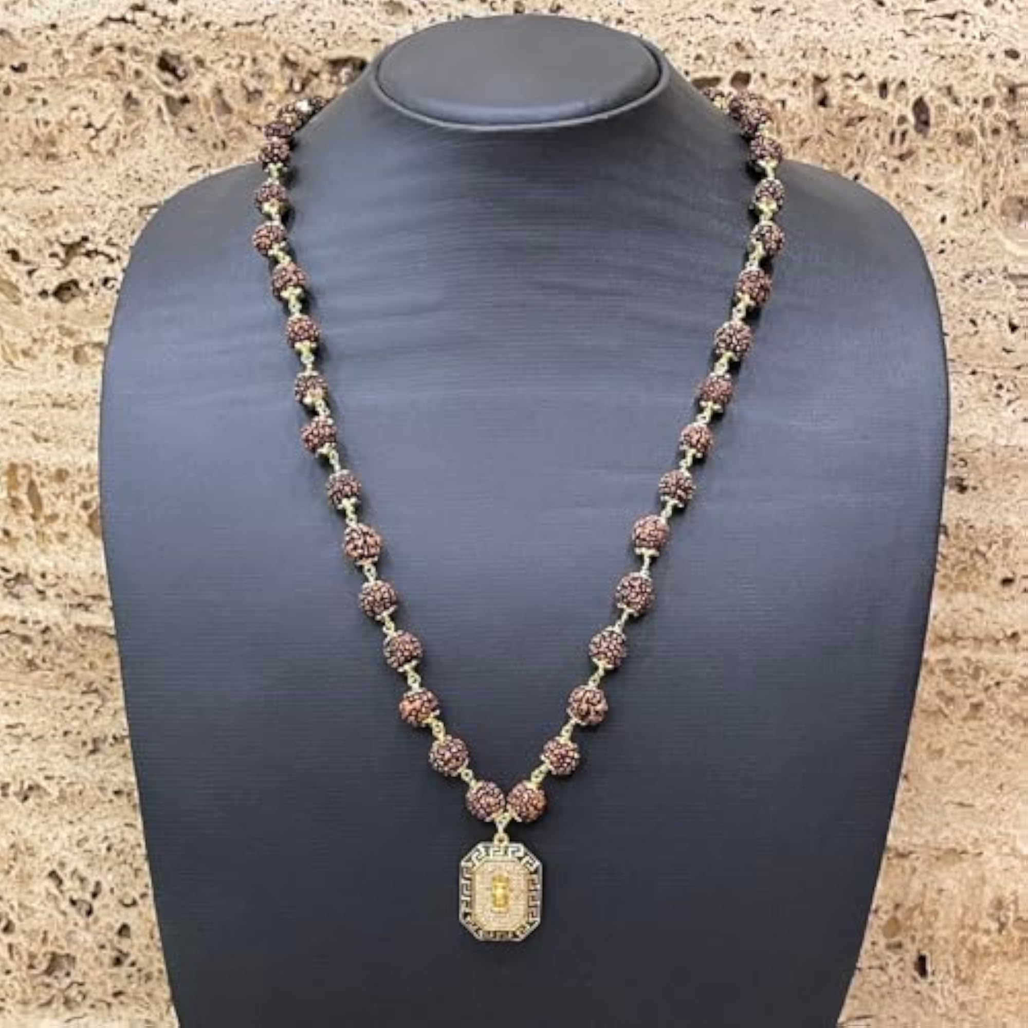 Men's Trishul American Diamond Pendant Rudraksha Mala Necklace