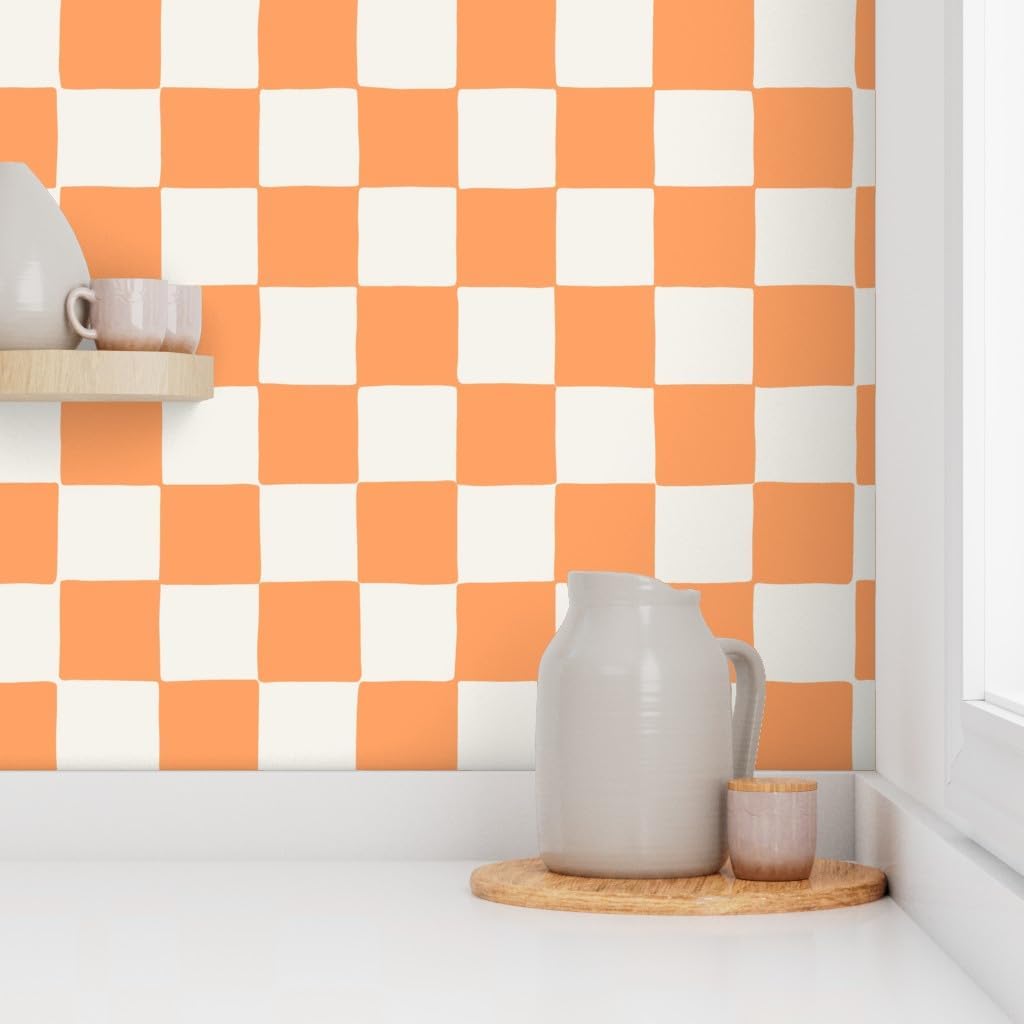 Peel & Stick Wallpaper Swatch - Retro Checkerboard Orange Summer Checkered Apricot Custom Removable Wallpaper by Spoonflower