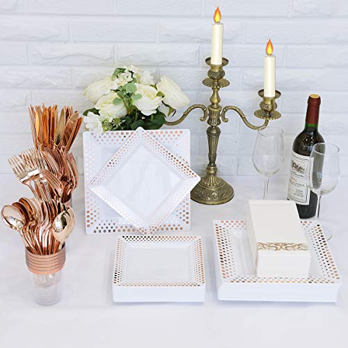 175Pcs Disposable Dinnerware Set For Party, White Square Plastic Plates With Rose Gold Dots, Include 25 Dinner Plates,25 Dessert Plates,25 Forks,25 Knives,25 Spoons,25 Cups,25 Napkins #TOP4