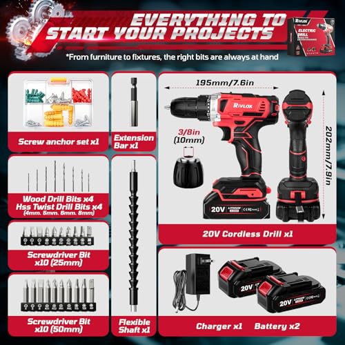 20V Cordless Drill Set,Electric Power Drill Cordless,Power Drill Drivers,Electric Screwdriver - 2.0Ah Batteries, 30Nm,21+1 Torque,2 Speed,34pcs Acessories,Built-in LED,Kit for Home,Red - Image 3
