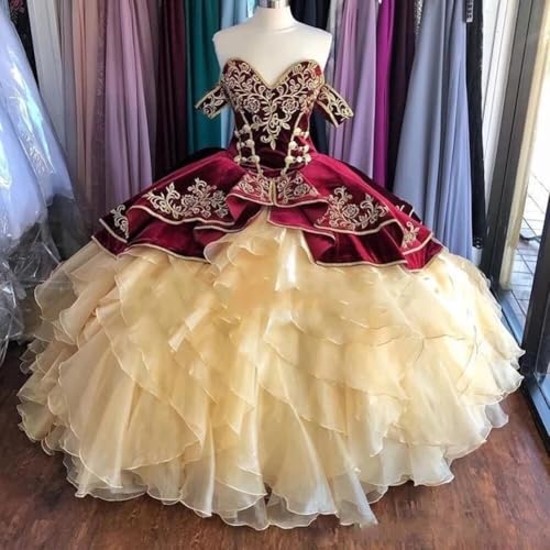 Embroidery Off The Shoulder Quinceanera Dresses Ball Gown Long Tiered Puffy Sweet 15 16 Princess Dress2