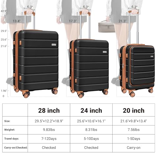 SmileLine 3-Piece Luggage Set Lightweight Hardside Suitcase TSA Lock Spinner Wheels, 20" Expandable Carry-On Luggage with Quick Access Front Open Pocket, Bonus Makeup Bag,Apricot Black3