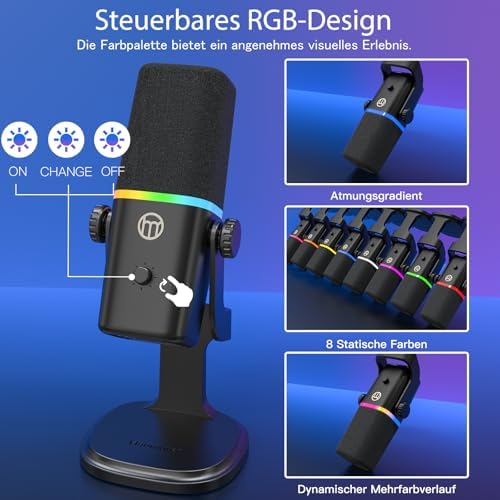 Bild 2 - Dynamisches Mikrofon XLR/USB für Gaming-Podcast, für *Phone,Telefon,PC,Gaming-Streaming-Mikrofon mit RGB-Licht, Stummschalttaste, Mikrofonverstärkung, Desktop-Ständer, Singen, YouTube