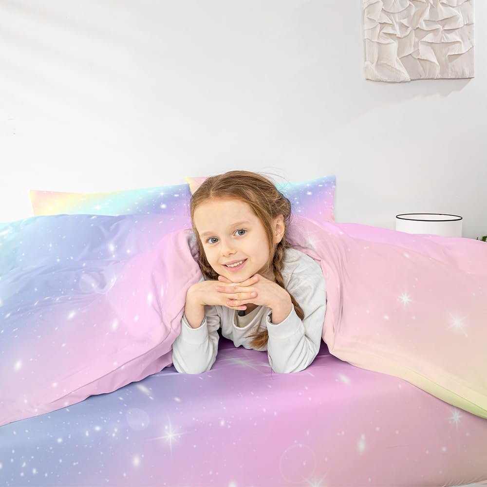 Loussiesd Kids Girls Rainbow Bedding Duvet Cover Single Cute Colorful Stripes Bed Set 2 Piece Glitter Ombre Quilt Covers and 1 Pillowcases Mildly Cosy Budget Princess Bedclothes - Image 3