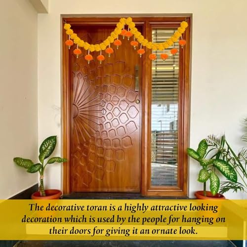 Image of SMIZZY ; (RE) TOUCHING LIVES Artificial Marigold Flowers Toran | Bandarwal Genda Phool for Main Entrance Door Home Pooja Decoration Hanging Item | Diwali Festive Decor Mandir | 1Pc, Yellow, 52 Inch