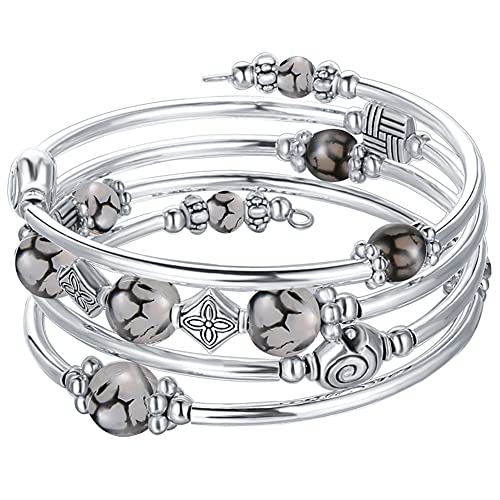 Beaded Pearl Bangle Wrap Bracelet - Fashion Bohemian Jewelry Multilayer Charm Bracelet with Thick Silver Metal Beads, Gift For Women(Grey)
