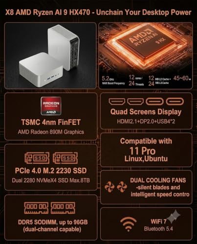 Image of Reatan X8 Ryzen AI 9 HX 470 Mini PC(86 Tops,12C /24T up to 5.2GHz) 48GB DDR5 5600MHz 2TB PCIe 4.0 SSD, Radeon 890M, OCuLink /2xUSB4 /DP,Quad 8K Display, 2.5G LAN, Wi-Fi 7 /BT 5.4, AI /Dev /Creator /Gaming