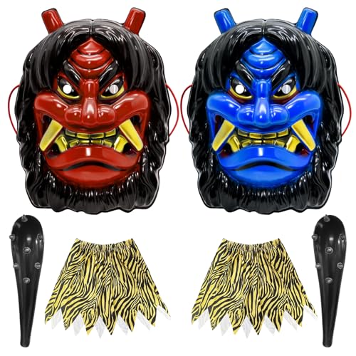 [DECEED] 節分 鬼のお面 コスプレ 衣装 赤鬼 仮面 青鬼 仮装 豆まき マスク コスチューム ナマハゲ6点セット（赤鬼お面*1、青鬼お面*1、虎柄パンツ*2、こん棒*2）のサムネイル