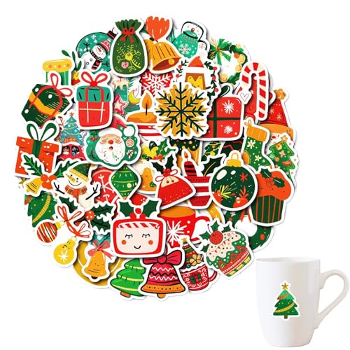 Calcomanías navideñas para niños, 50 hojas de calcomanías navideñas para botellas de agua, calcomanías de Navidad impermeables para niños y adultos, guitarra, teléfono, laptop, botella