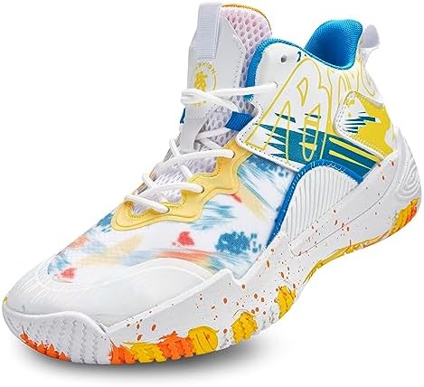Promenie Men's Basketball Shoes No-Slip Breathable Outdoor Shoes Fashion Graffiti Training Shoes White-Yellow Size 10.5