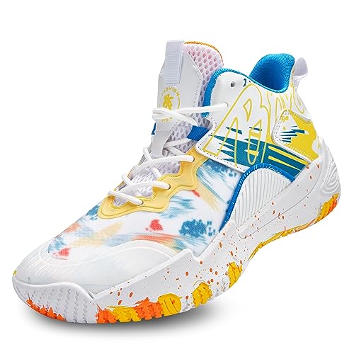 kniaiwx Men's Basketball Shoes Breathable Anti Slip Fashionable Graffiti Training Shoes Outdoor Shoes White-Yellow Size 9.5