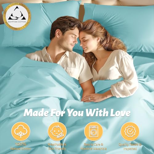 Shilucheng 100% Egyptian Cotton Queen Size Sheets Set - 1000 Thread Count，Luxury Cotton Bed Sheets，Breathable & Cooling Bedding and Pillow Cases, 16 Inch Deep Pocket - 4 Piece (Spa Blue, Queen)