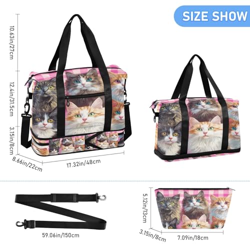 Long-haired Cats Gym Bag for Women Sport Travel Duffel Bag Shoulder Weekender Overnight Bags with Wet Pocket & Shoe Compartment3