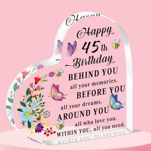 QMVMV 45th Birthday Gifts for Women, Personalised Heart Shaped Acrylic 45th birthday Keepsake Gifts, Unique 45 Birthday Gifts for Mum Sister Daughter Wife Friends, Happy 45 Year Old Gifts for Her
