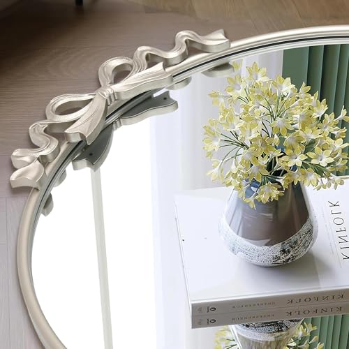 Image of Besdomus Antique Arched Silver Mirror: 32x24 Vintage Bow Vanity Mirror | French Baroque Metal Framed - Traditional Ornate for Living Room /Entryway /Bathroom- Ideal for Guest Bath Remodeling