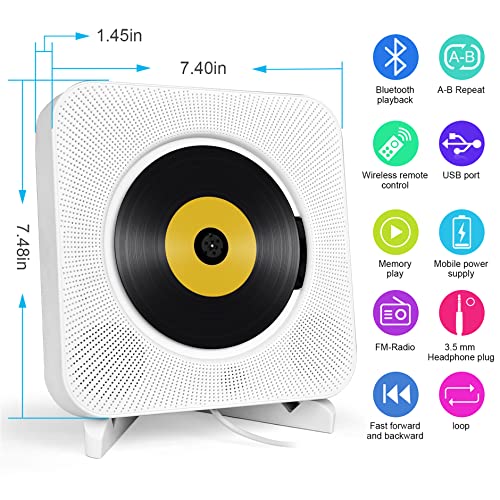 Wall-Mountable-CD-Player-with-Bluetooth-Portable-CD-Music-Player-with-Remote-Control-HiFi-Sound-Speaker-FM-Radio-Support-AUXUSB-Headphone-Jack-for-Home-Kids-Kpop-Gift