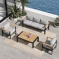 Aeeiua Aluminum Outdoor Patio Furniture Sets, 4 Piece Metal Patio Conversation Sets with Coffee Table with 5 Inch Cushion for Garden Backyard Deck