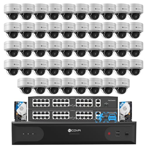 Image of 4COVR 64 Channel Security Camera System, Human Vehicle Detection, 48Pcs IK10 Vandal-Proof 8MP Commercial Dome PoE IP Camera IP67 with Mic, 8MP NVR 16TB HDD, 24 /7 Business Surveillance, LY54AX8M6448