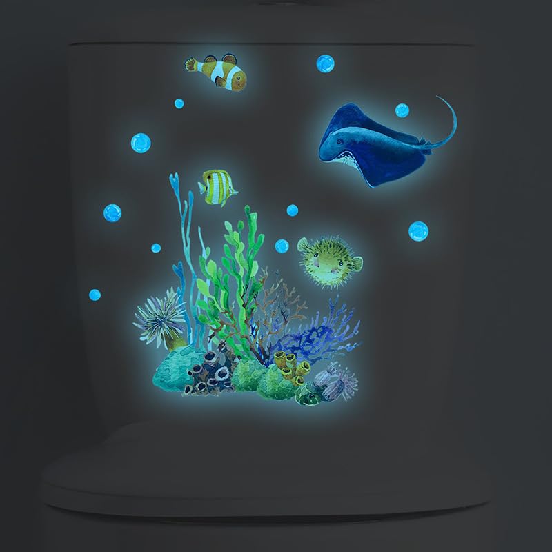 HGDESIGN® Wall Tattoo Luminous Wall Sticker Toilet Lid Sticker Aquarium Underwater World Fish Bathroom Wall Sticker Toilet Bathroom Decoration (B)