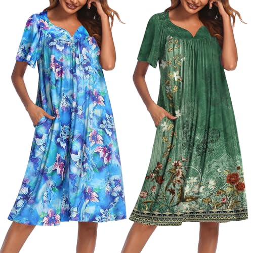 Image of Ekouaer 2 Pack House Dresses for Women with Pockets Short Sleeve Moo Moos Floral Print Mumu Dresses