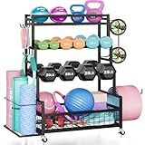 Dumbbell Rack,Home Gym Storage Rack,Total Weight Capacity 490 lbs,Weight Rack with Wheels/Strength Training Equipment Storage Rack with Hooks,Stores Dumbbells,Kettlebells,Yoga Mats