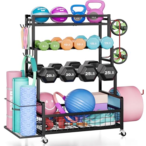 Dumbbell Rack Home Gym Storage Rack Total Weight Capacity 490 lbs Weight Rack with Wheels/Strength Training Equipment Storage Rack with Hooks Stores Dumbbells Kettlebells Yoga Mats