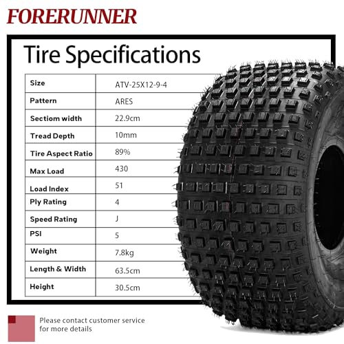 FORERUNNER 25x12-9 ATV Tires, All Terrain 4PR 25x12-9 ATV UTV Trail Mud Sand Off-Road Tires (Pack of 2, Tubeless)