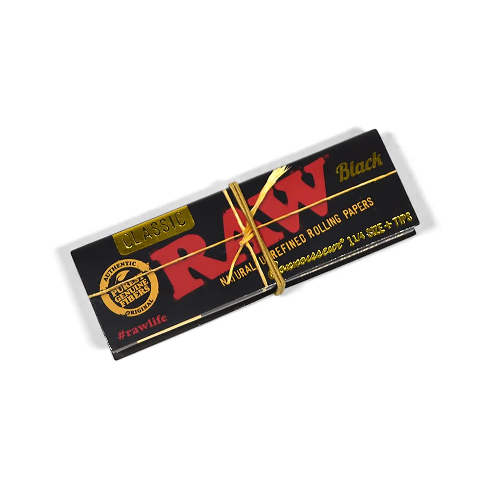 Raw Black Classic Connoisseur 1¼ Size With Tips Natural Original Rolling Paper