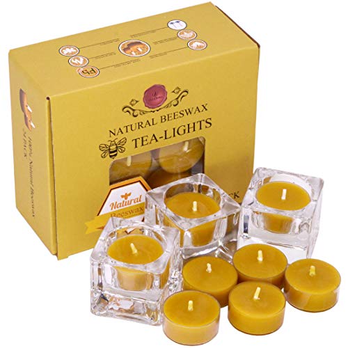 24 Count Natural Beeswax Tealights Candle With Glass Candle Holder - Natural Scent, Smokeless, Clear Cup, Clean Burning - Yellow #TOP6