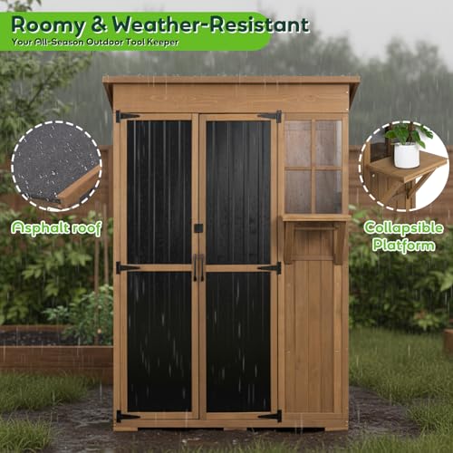 Image of 51 inch L Outdoor Storage Cabinet Waterproof with Shelves, Outside Storage Shed Backyard Tall Cabinet with Fold-Out Table for Patio, Garage, Garden, Pool Accessories Storage