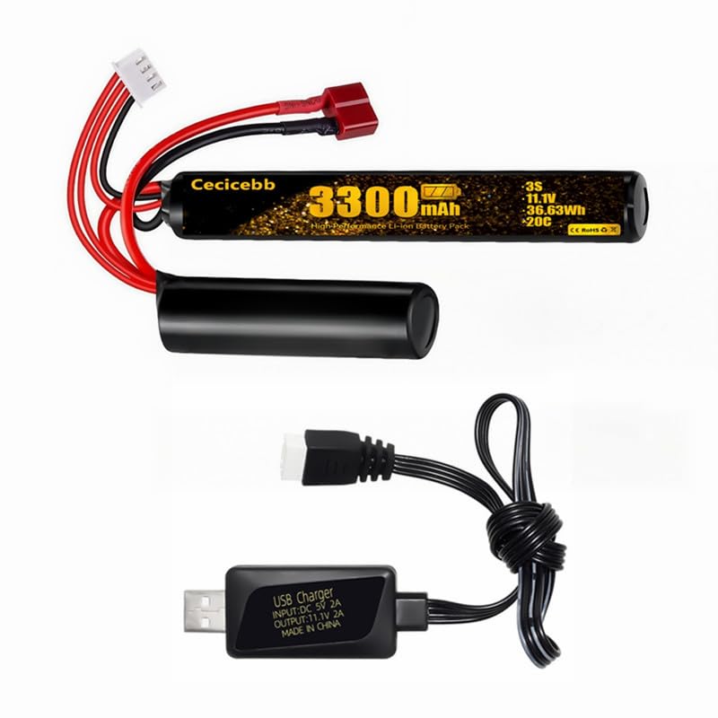 Cecicebb 3300mAh Airsoft Battery 11.1V Nunchuck Battery with T Plug Fit for AEG AK47 M4 MP5 Airsoft Model Guns Rifles 1 Pack 3S Rechargeable Stick Shape Butterfly with 11.1V USB Charger Cable
