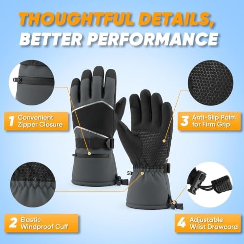 Winter Gloves for Men Women, Windproof Waterproof Ski Gloves, Cold Weather Glove with Touchscreen Thermal Anti-Slip for Cycling Motorcycle Snowboarding One Size 1 - 3