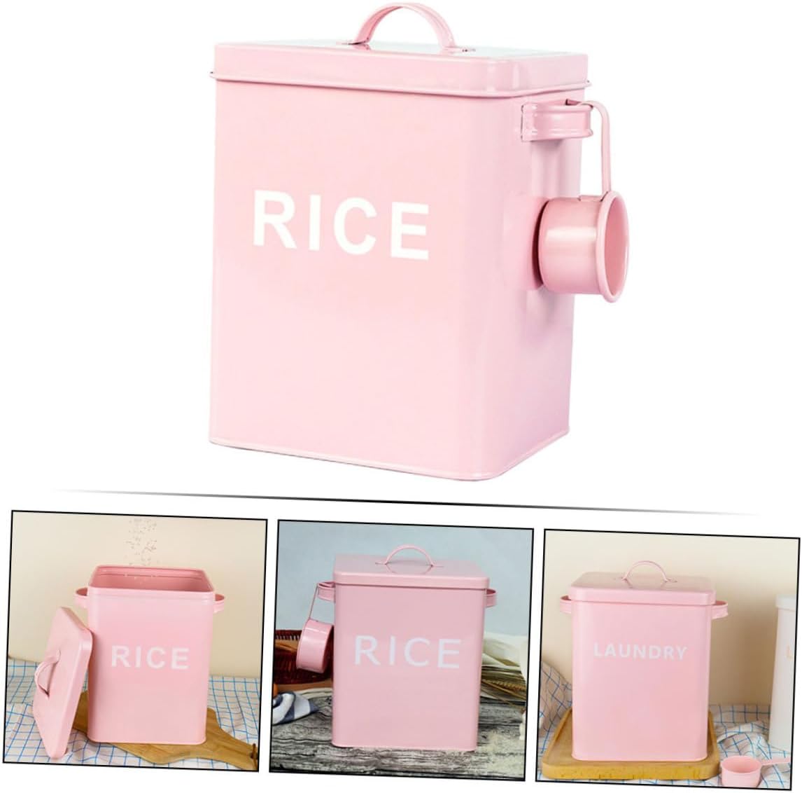 Pink Iron Pet Food Storage Barrel with Lid and Measuring Cup, Sealed Dog and Cat Food Bucket, Kitchen Rice Box for Household Use