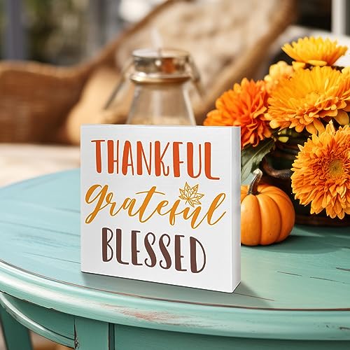 Image of Thanksgiving Table Wooden Box Sign, Thankful Grateful Blessed, Autumn Table Decor, Fall Tabletop Decorations for Home Office Harvest Thanksgiving Desk Decor