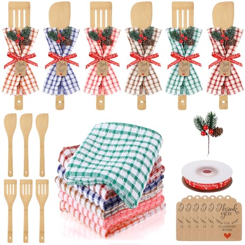Acellegic 6 Set Mother's Day Kitchen Gifts Bulk Wooden Spatulas and Spoons with Waffle Towels, Christmas Needles, Thank You Tags & Ribbon for Housewarming Kitchen Decoration