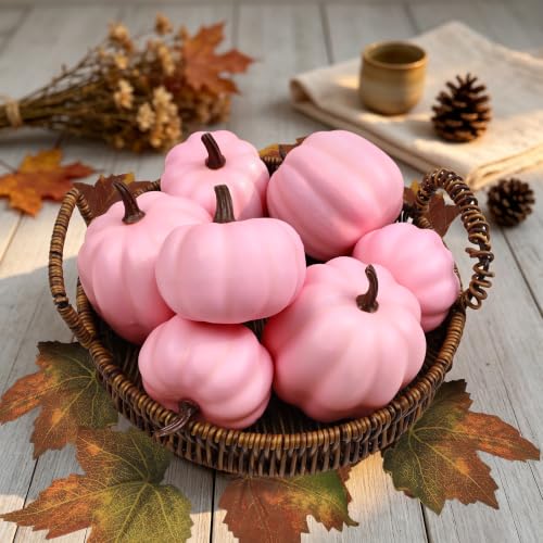 Image of Ghrdopy 7 Pcs Pink Fake Pumpkins for Thanksgiving Table Centerpiece | Foam Pink Artificial Pumpkins Decor for Fall, Halloween Dining Table & Indoor Autumn Farmhouse Decoration