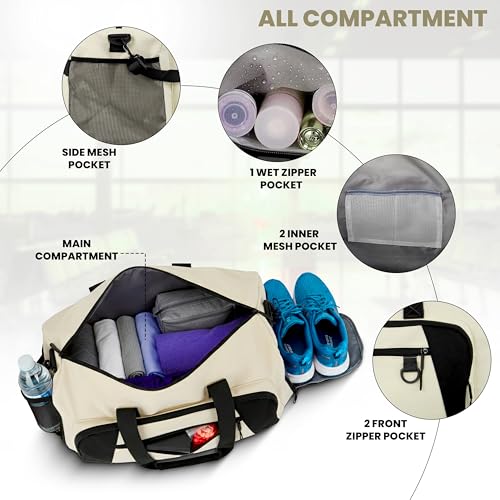 Image of Storite Nylon 50.5cm Travel Duffel Bag for Men & Women with Dry & Wet Pocket, Lightweight Water Resistant Luggage Bag with Shoe Compartment (Cream, 50.5x23x28cm)