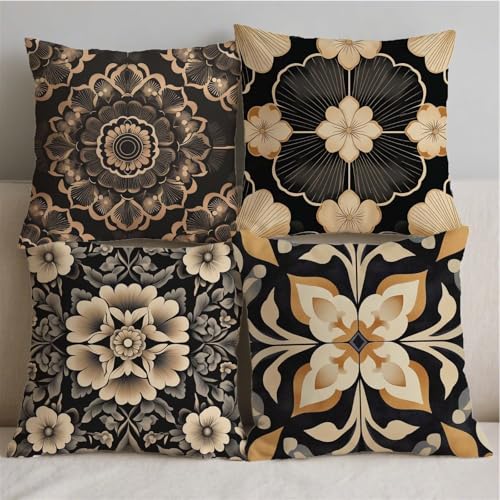 Housse coussin extérieur bohème aspect lin marron double face premium