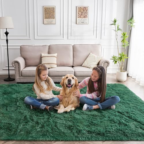 Fluffy Rug Flame Resistant 8x10 Feet, Forest Green Shaggy Rugs for Living Room Washable 8x10 Area Rugs Clearance