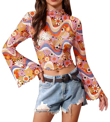 Women's Halloween Mock Neck Hippie 70s Bell Sleeve Shirt Concert Party Retro Crop Top Groovy M