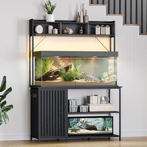 BELLEZE Aquarium Stand with LED Lights 55-90 Gallon, Fish Tank Stand with Heavy Duty Metal Fluted Storage Cabinet and Power Outlets, 1200 LBS Capacity