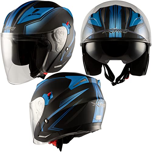 Moto Casque Jet Scooter Double Visière Certificat ECE 22-06 Noir Matt Bleu M
