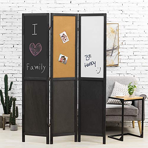 Mygift 5.9 Ft Tall Room Divider With Double-Sided Chalkboard Whiteboard And Cork Bulletin Board - 3 Panel Distressed Black Wood Multipurpose Folding Screen Furniture Décor #TOP2
